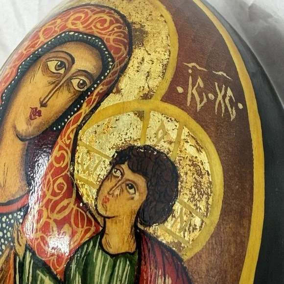 Russian Orthodox Icon Wooden Eggs Hand Painted Virgin Mary St George Signed 1991 - Picture 5 of 15